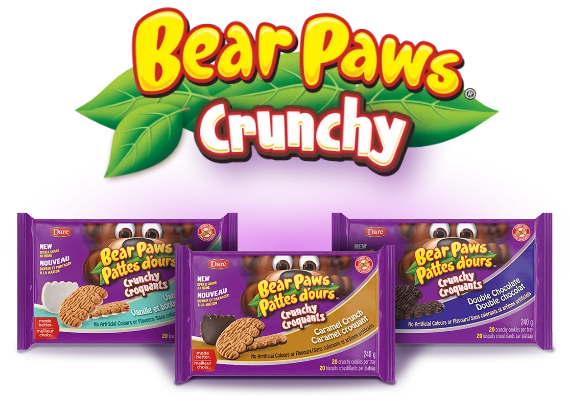 Bear Paws Crunchy logo and 3 packages of different flavours